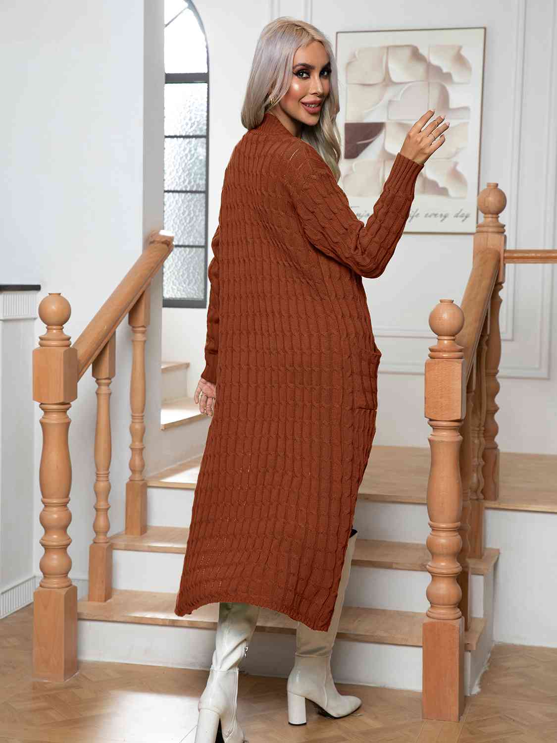 Cable-Knit Open Front Cardigan with Pockets - Ladyez