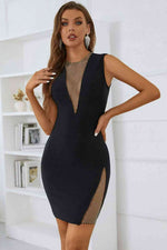 Rhinestone Detail Spliced Mesh Sleeveless Dress - Ladyez