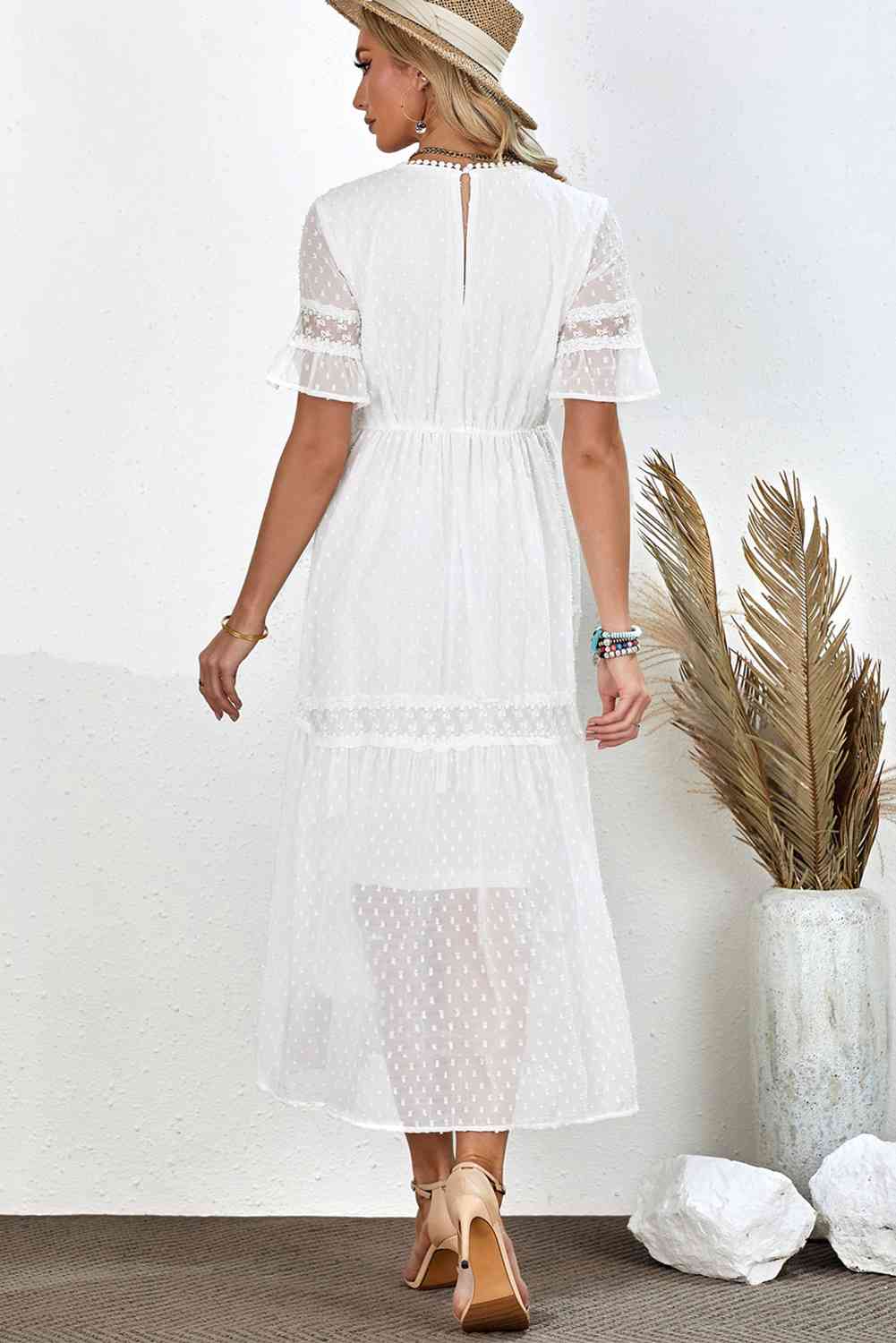 Swiss Dot V-Neck Short Sleeve Midi Dress - Ladyez