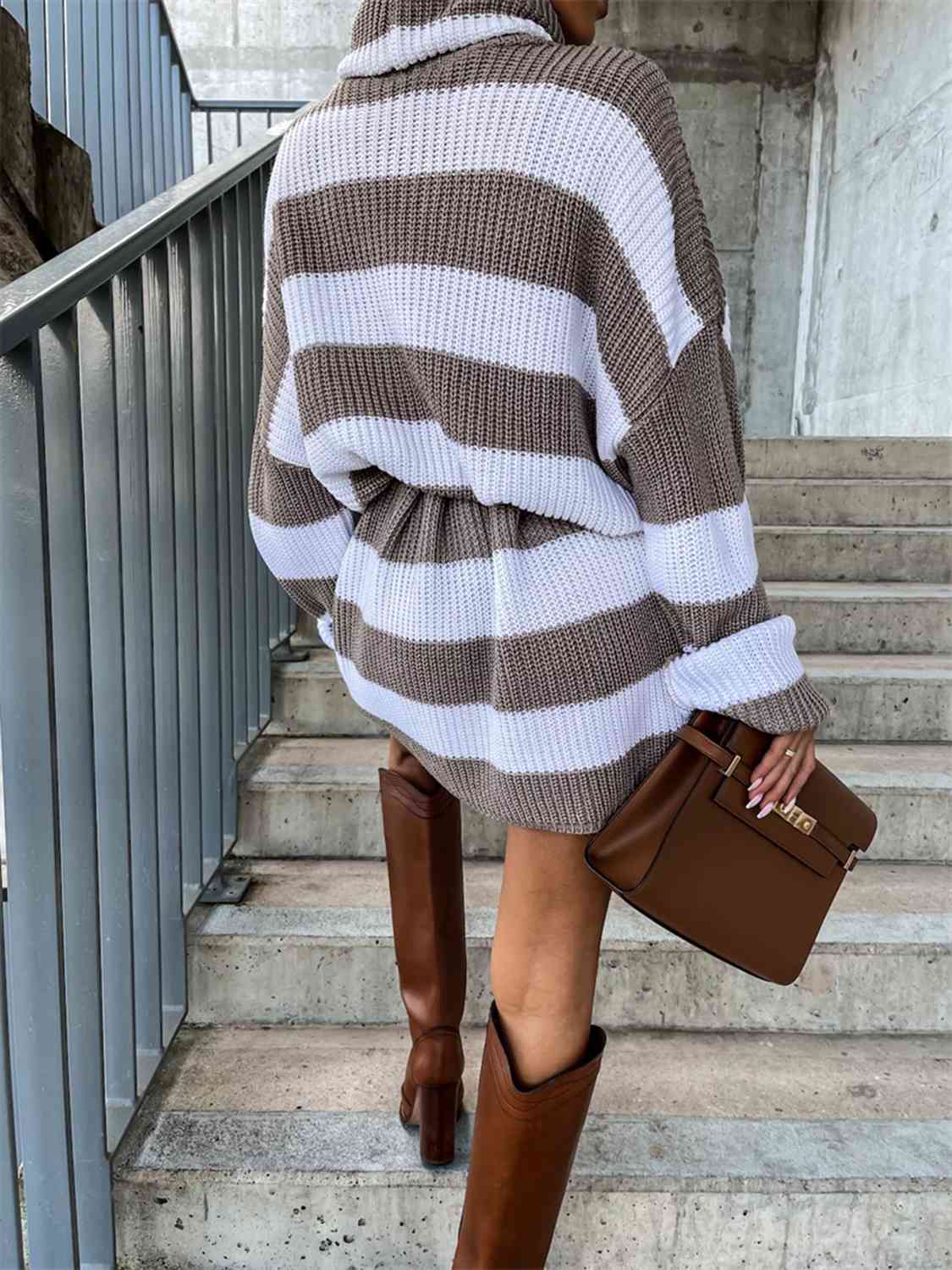 Striped Turtleneck Sweater Dress - Ladyez