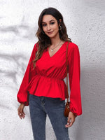 V-Neck Balloon Sleeve Peplum Blouse - Ladyez