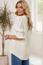 Smocked Flounce Sleeve Notched Neck Blouse - Ladyez