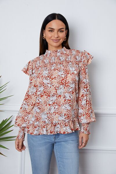 Floral Smocked Lantern Sleeve Ruffled Blouse - Ladyez