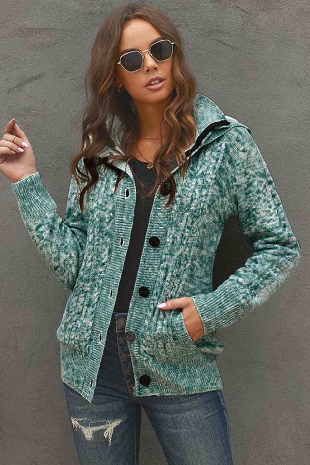 Cable-Knit Fleece Lining Button-Up Hooded Cardigan - Ladyez