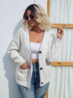 Button Down V-Neck Cardigan with Pockets - Ladyez