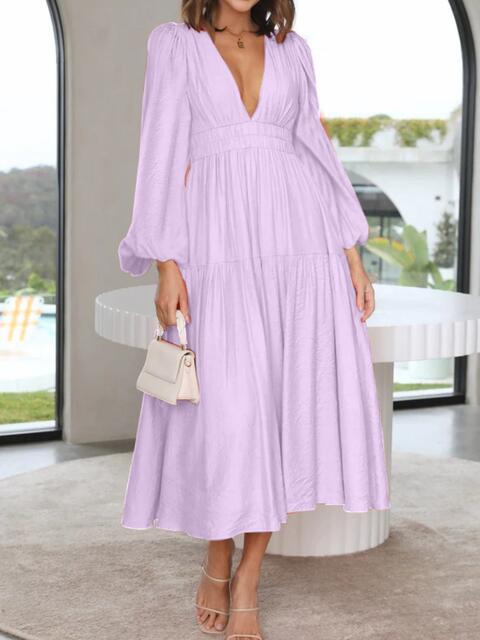 Deep V-Neck Balloon Sleeve Plain Maxi Dress - Ladyez