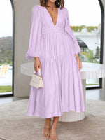 Deep V-Neck Balloon Sleeve Plain Maxi Dress - Ladyez