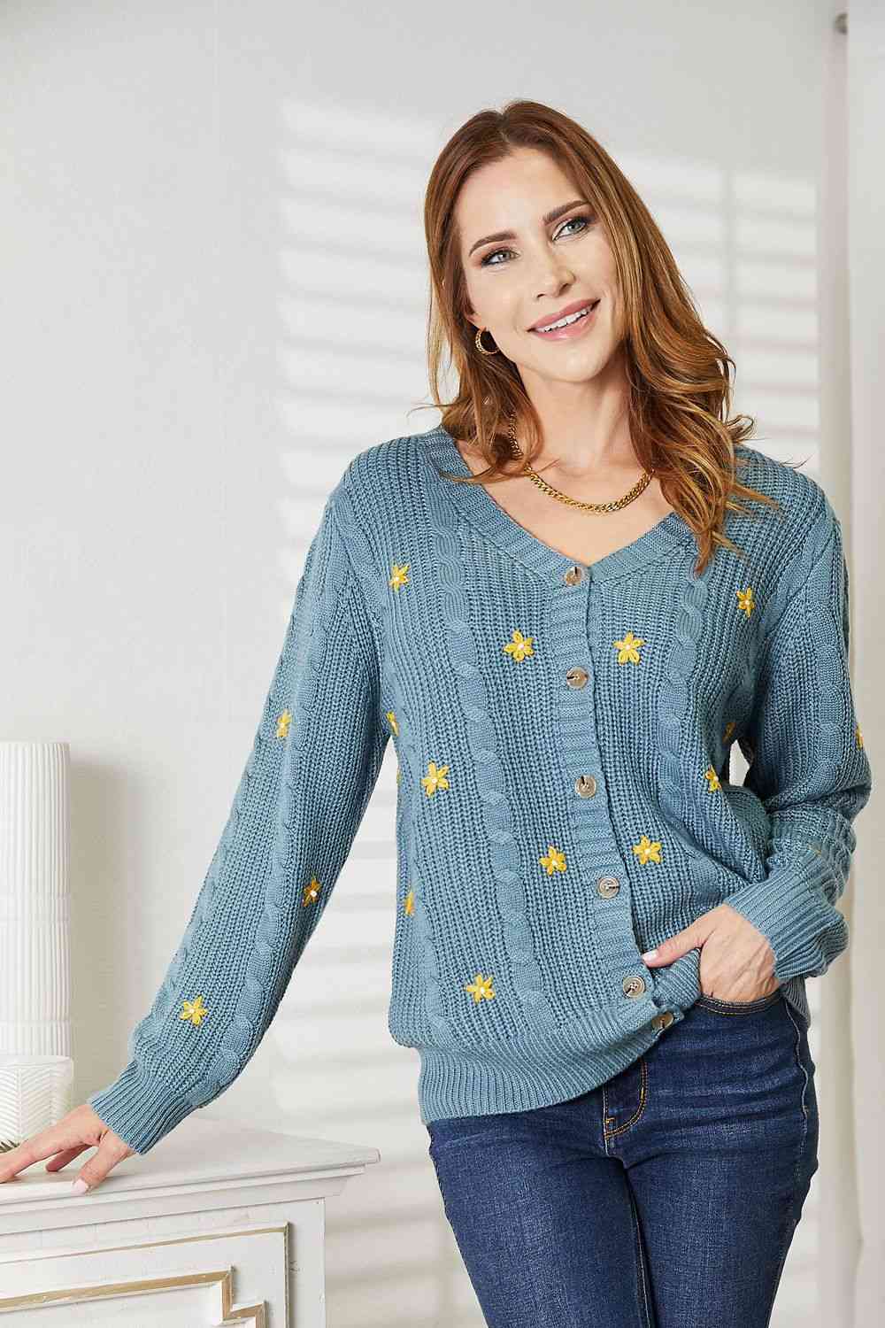 HEYSON Full Size Floral Embroidered Cable Cardigan - Ladyez