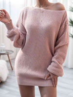 Rib-Knit Balloon Sleeve Boat Neck Sweater Dress - Ladyez