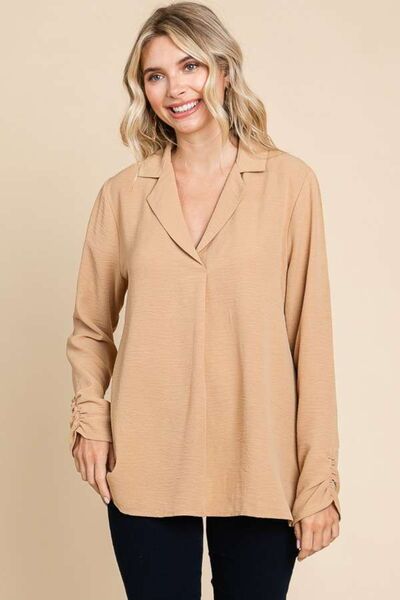 Culture Code Full Size Lapel Collar Ruched Long Sleeve Blouse - Ladyez