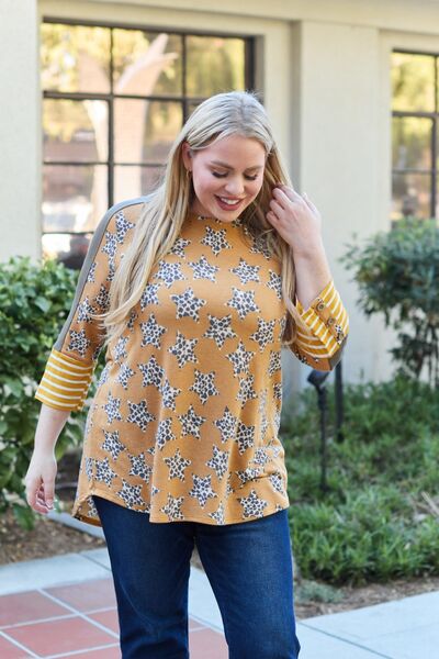 Celeste Design Full Size Leopard Star Contrast Top - Ladyez