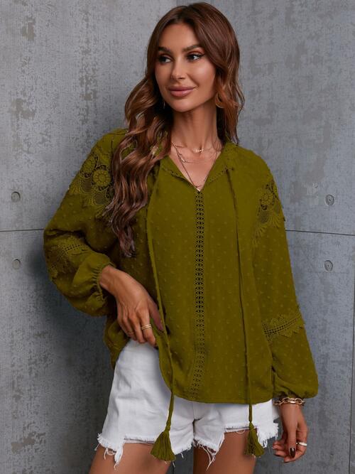Crochet Tassel Tie Neck Long Sleeve Blouse - Ladyez