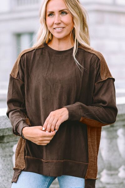 Ribbed Exposed Seam Dropped Shoulder Blouse - Ladyez