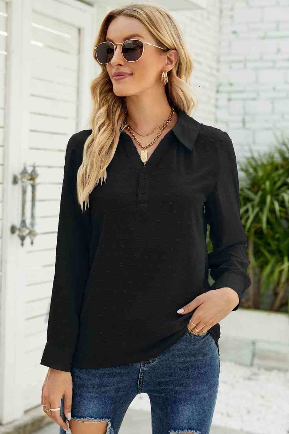 Swiss Dot Johnny Collar Blouse - Ladyez
