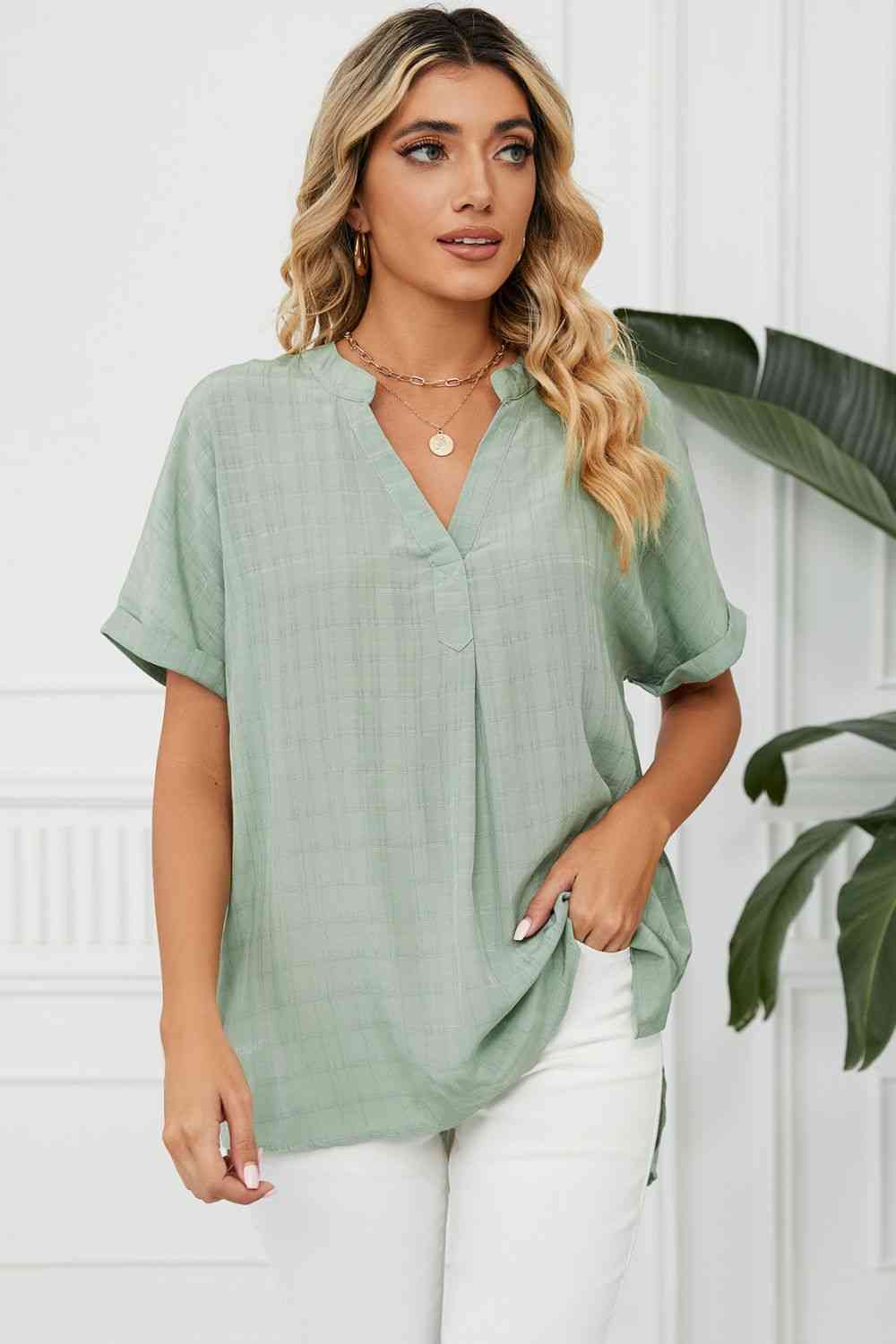 Side Slit Notched Neck Cuffed Short Sleeve Blouse - Ladyez