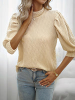 Texture Ruff Sleeve Mock Neck Blouse - Ladyez