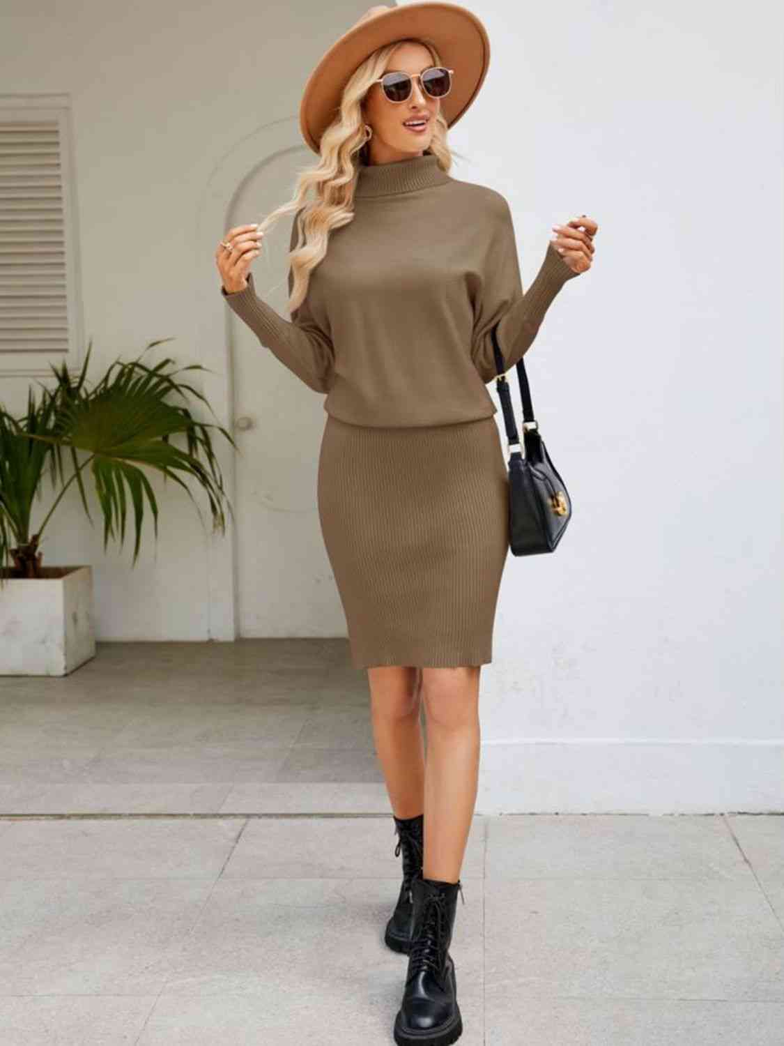Turtle Neck Long Sleeve Ribbed Sweater Dress - Ladyez