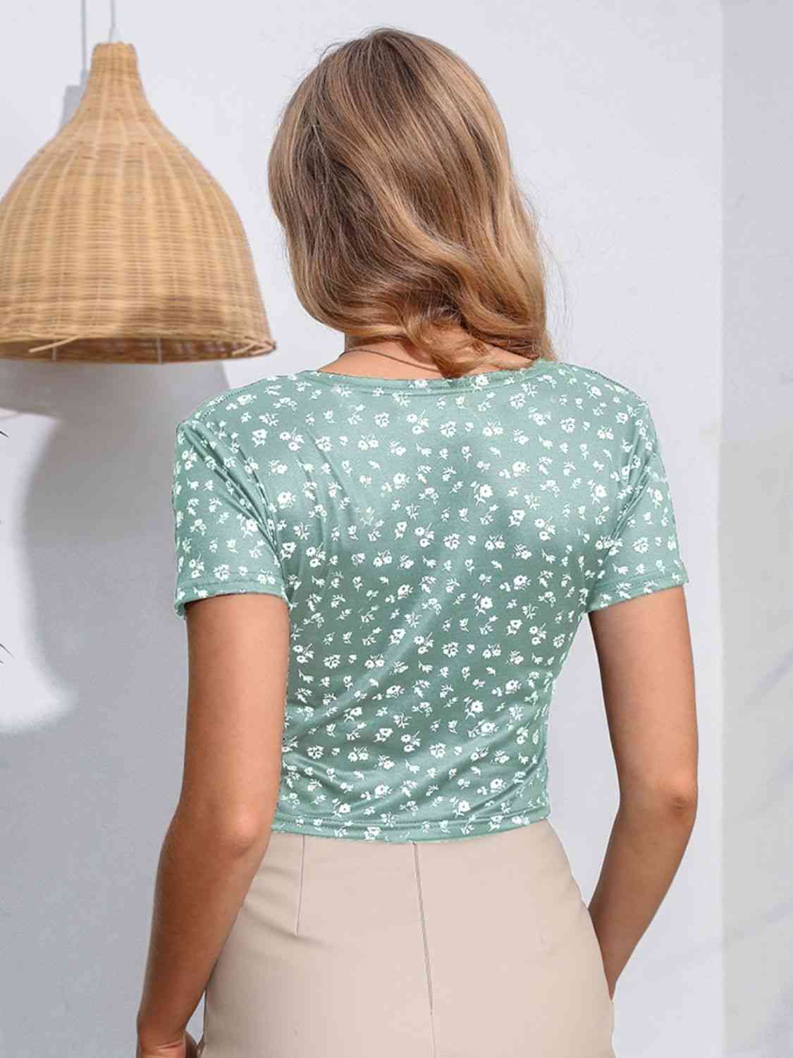 Floral Surplice Neck Short Sleeve Top - Ladyez