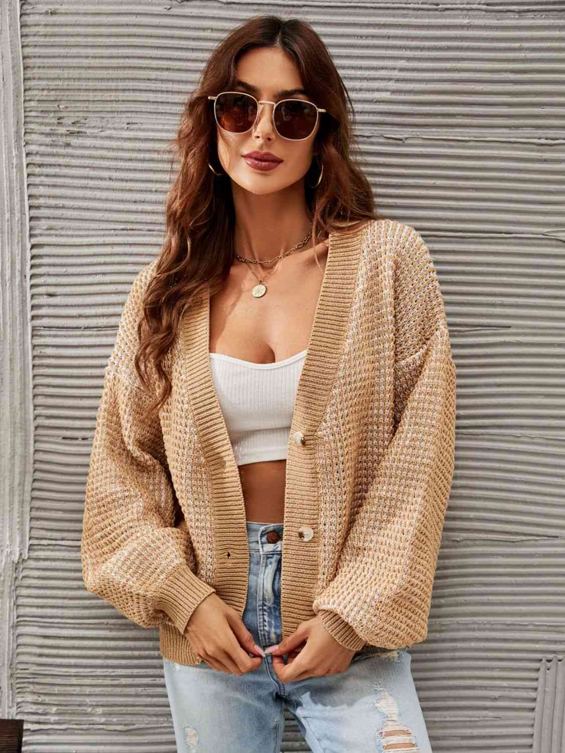 V-Neck Dropped Shoulder Cardigan - Ladyez