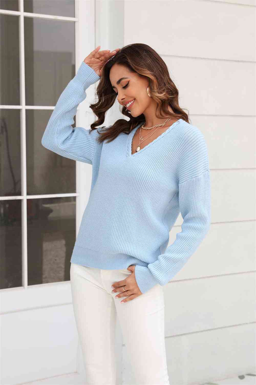 Ribbed V-Neck Dropped Shoulder Knit Top - Ladyez