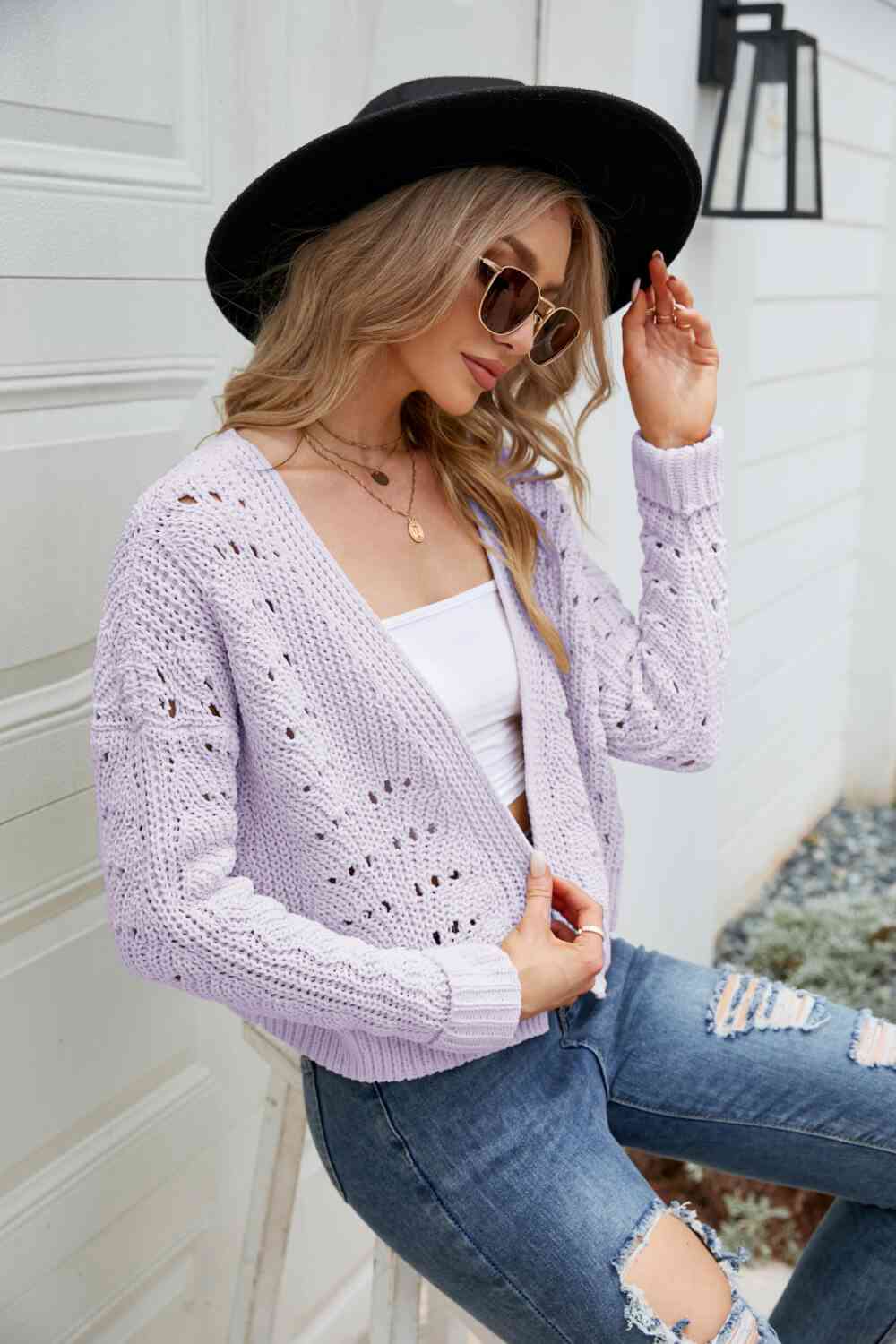Open Front Cuffed Cropped Cardigan - Ladyez