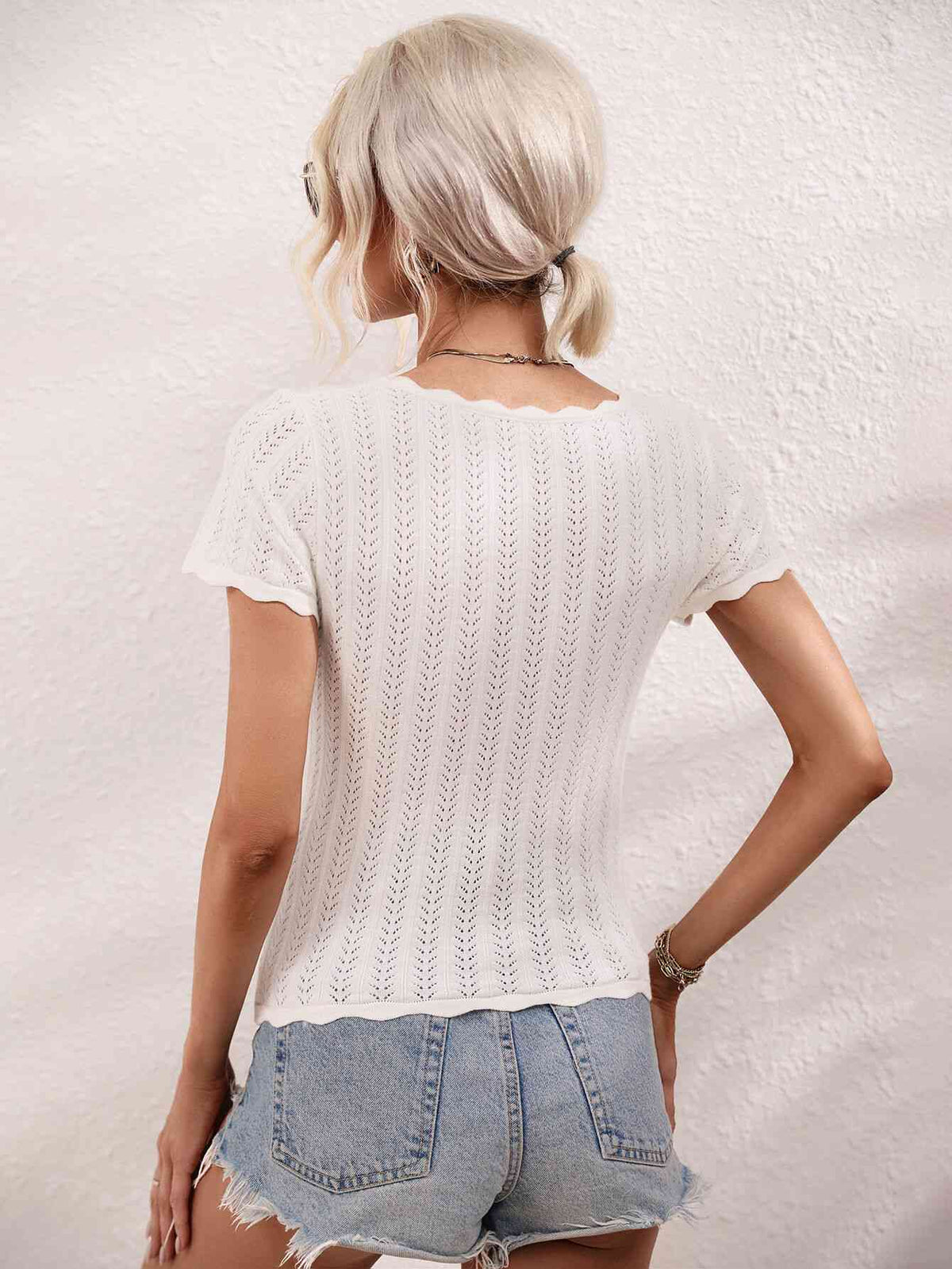 Scalloped Hem Square Neck Knit Top - Ladyez