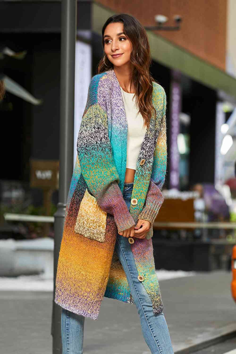 Gradient Button Down Duster Cardigan with Pockets - Ladyez