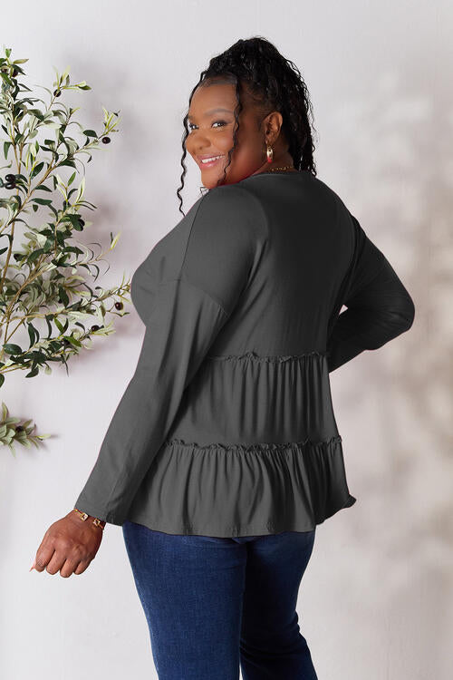 Double Take Half Button Long Sleeve Ruffle Hem Blouse - Ladyez