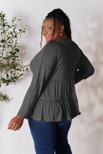 Double Take Half Button Long Sleeve Ruffle Hem Blouse - Ladyez