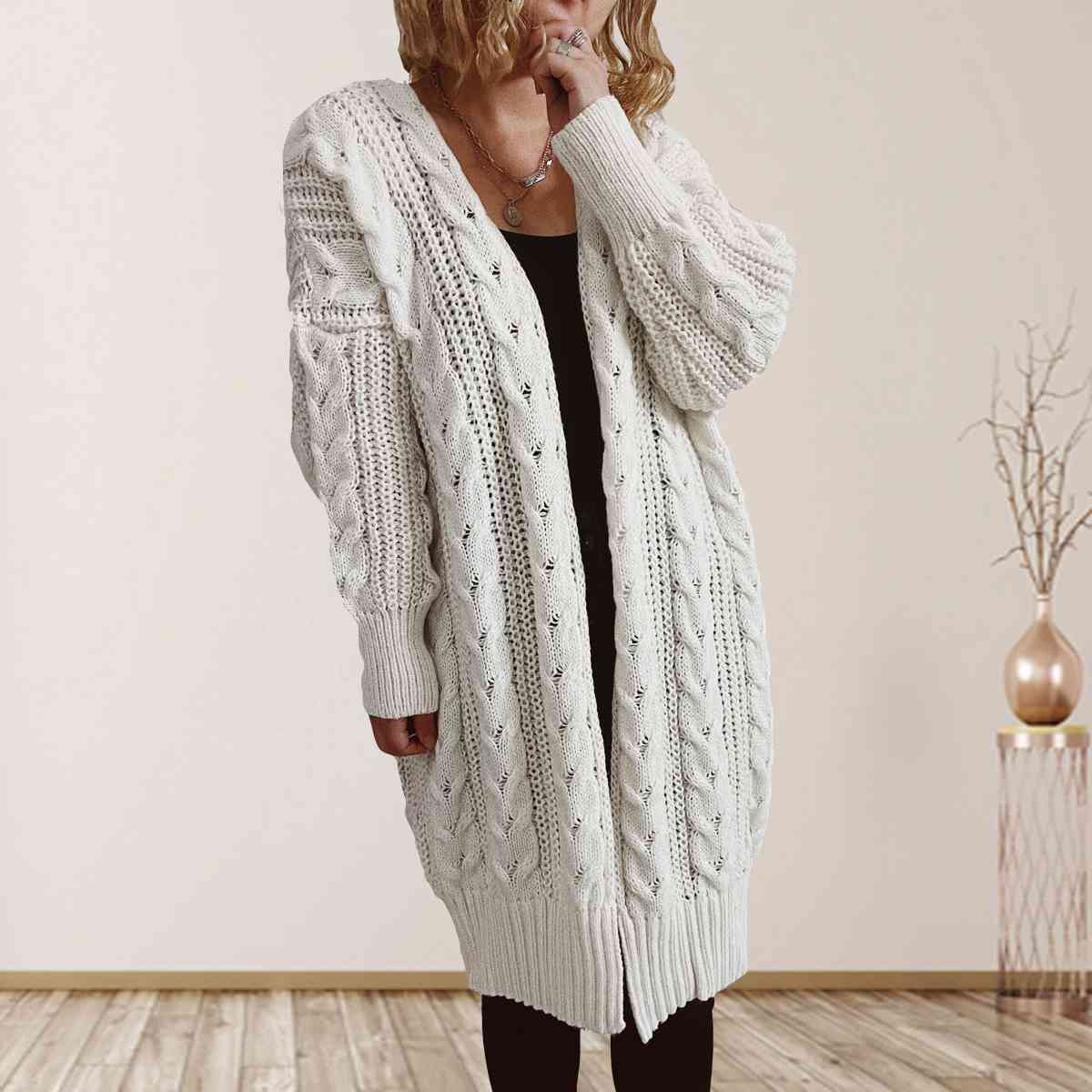 Cable-Knit Open Front Dropped Shoulder Cardigan - Ladyez