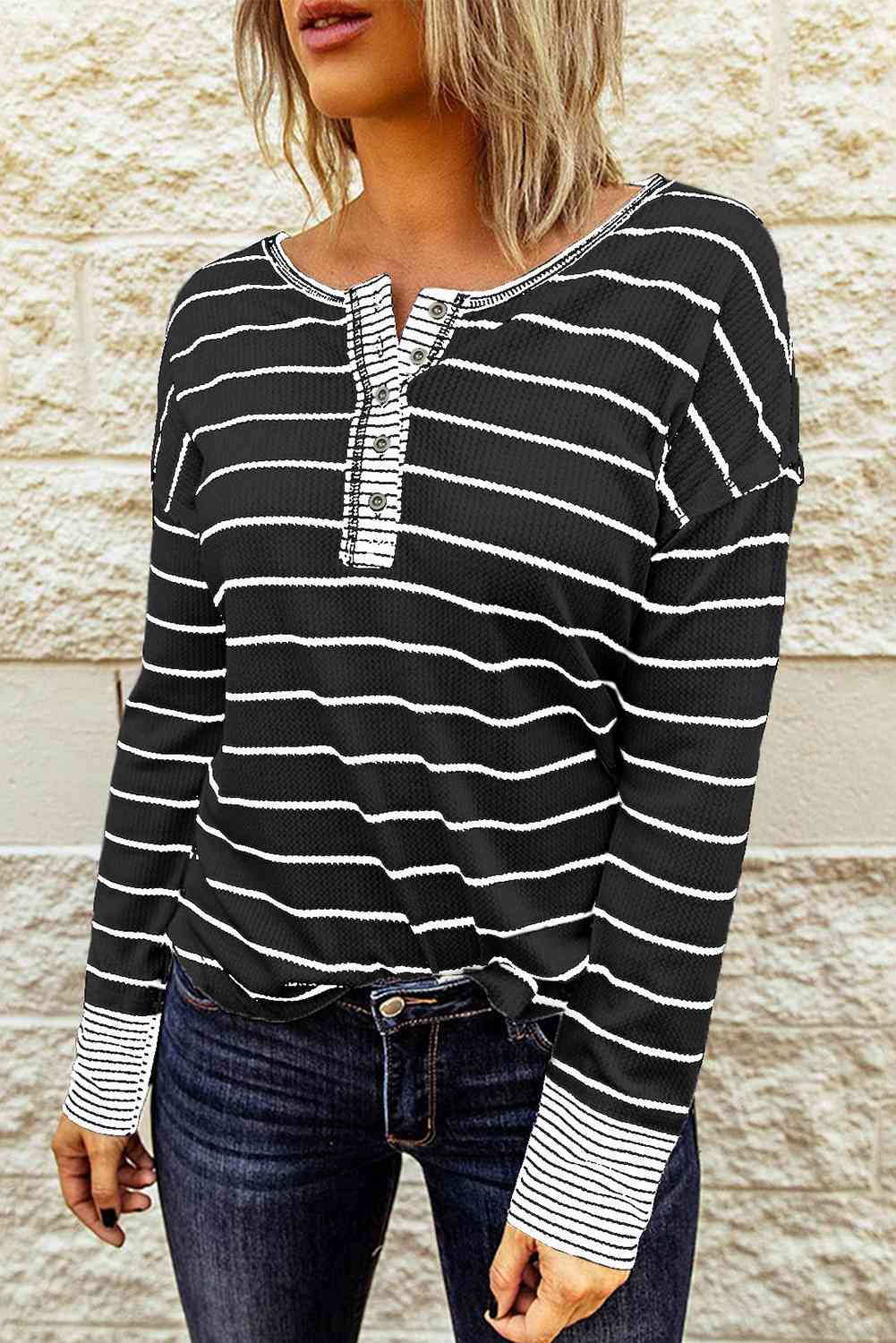 Striped Waffle Knit Henley Long Sleeve Top - Ladyez