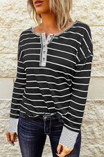 Striped Waffle Knit Henley Long Sleeve Top - Ladyez