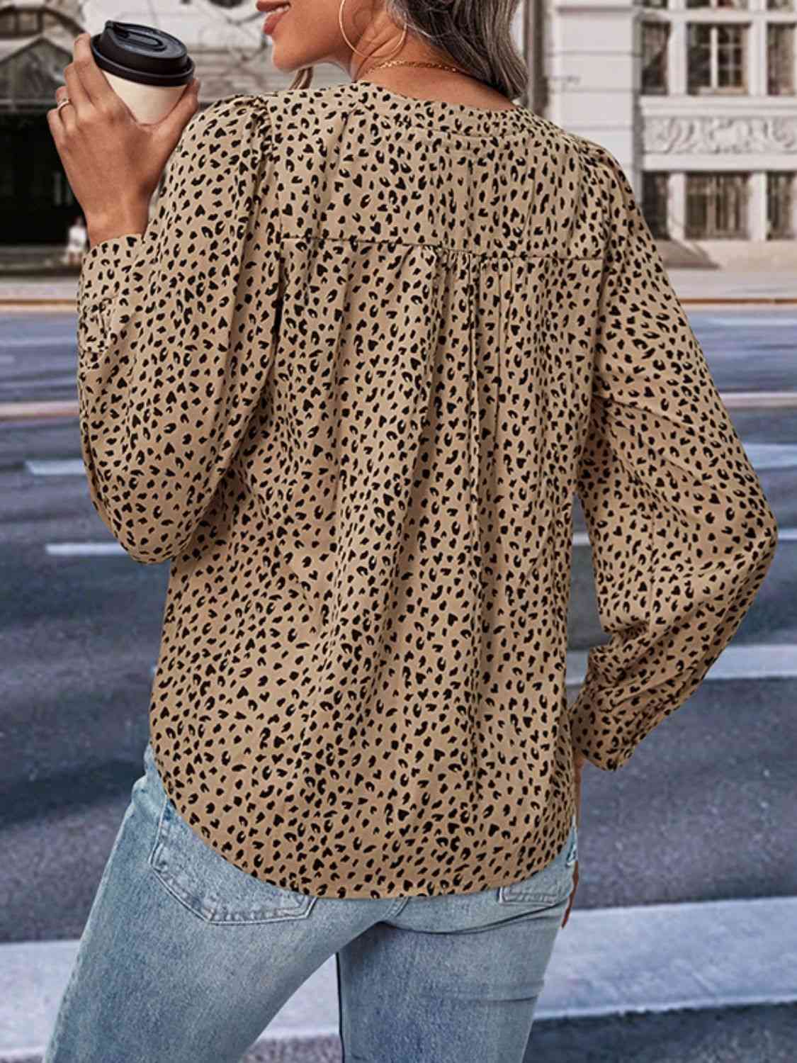 Leopard Notched Neck Puff Sleeve Blouse - Ladyez