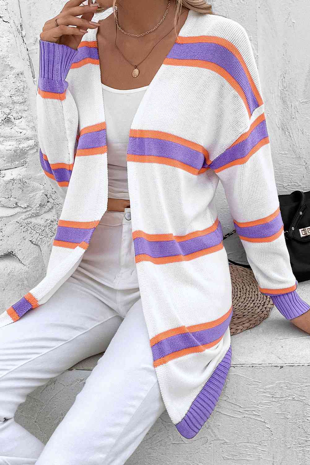 Striped Dropped Shoulder Cardigan - Ladyez