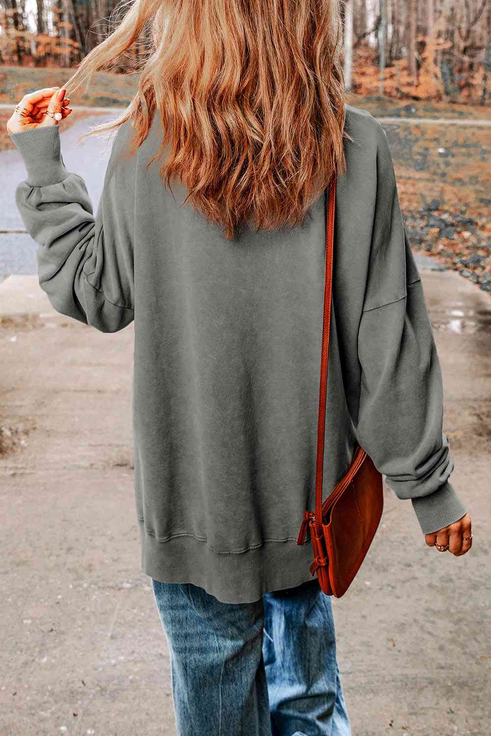 Dropped Shoulder Round Neck Long Sleeve Blouse - Ladyez