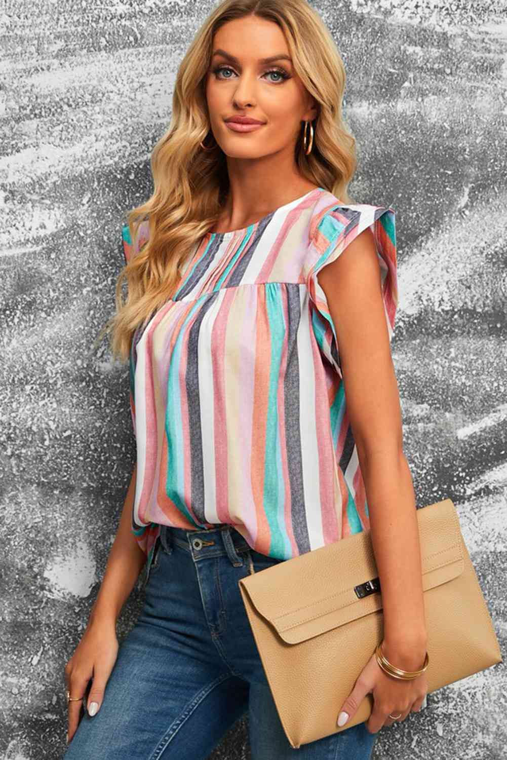 Multicolored Stripe Flutter Sleeve Blouse - Ladyez