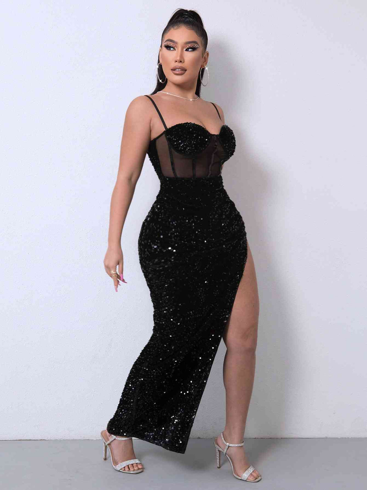 Sequin Spliced Mesh Adjustable Strap Dress - Ladyez