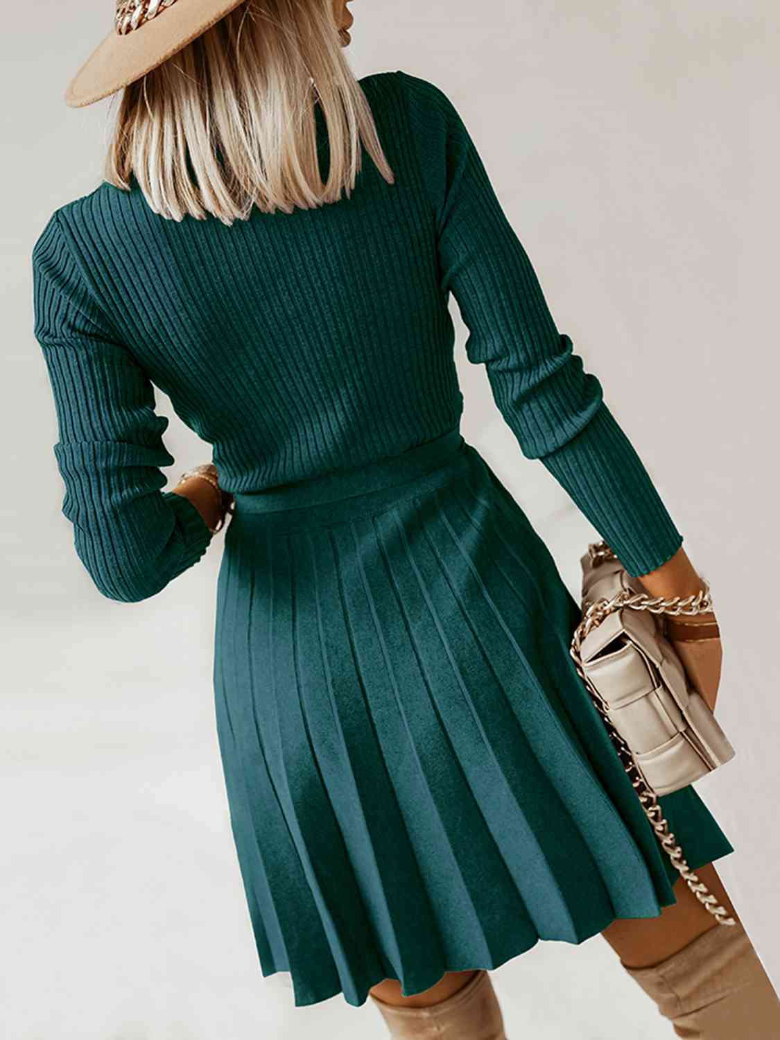 Surplice Neck Tie Front Pleated Sweater Dress - Ladyez