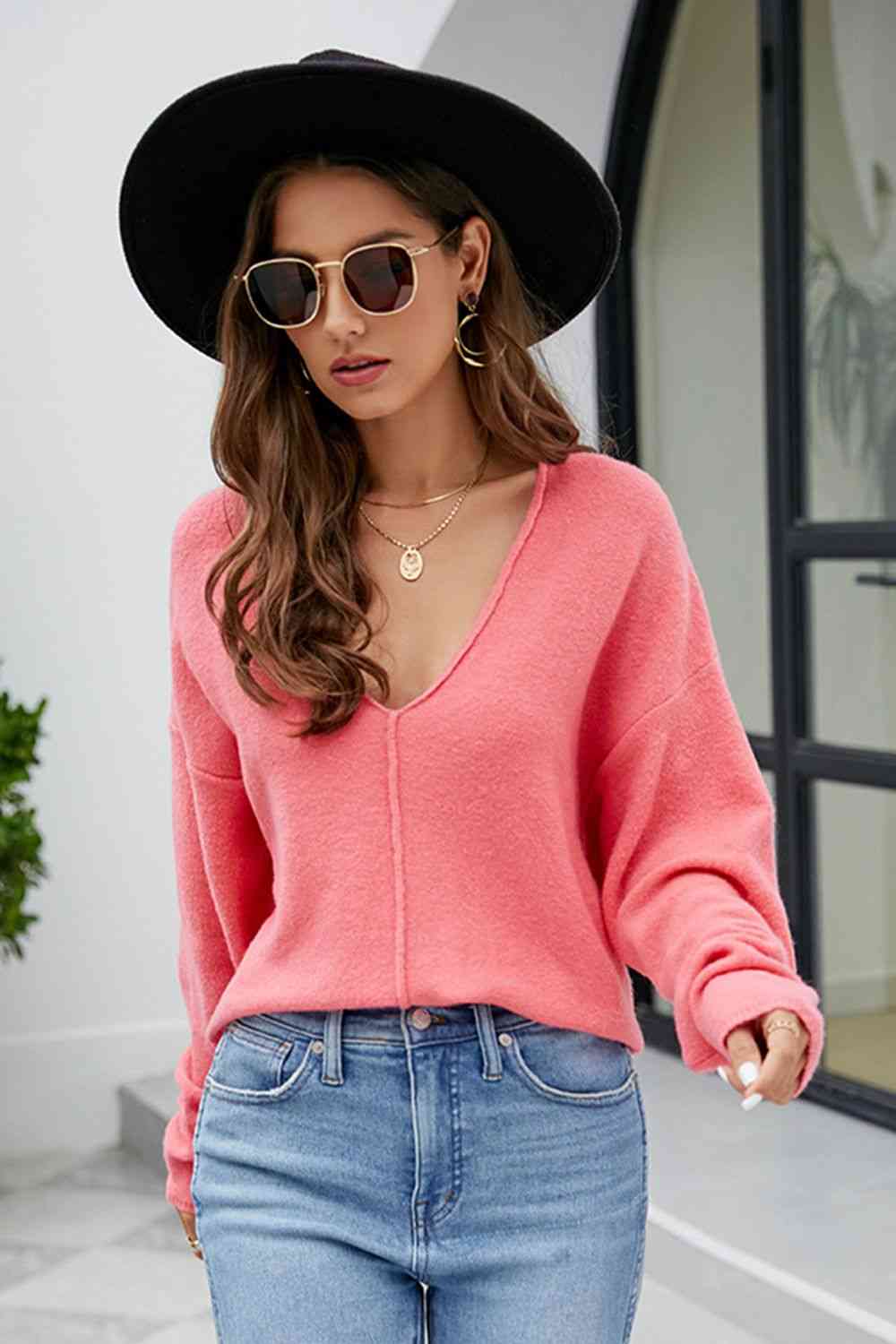 V-Neck Center Seam Sweater - Ladyez