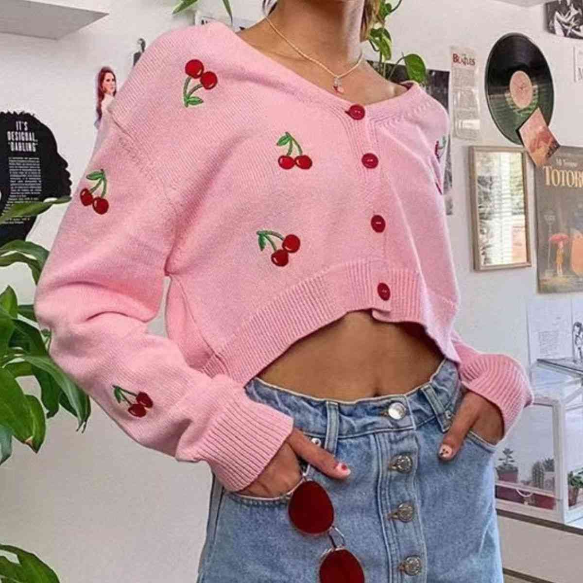 Cherry Button Down Cardigan - Ladyez