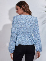 Floral V-Neck Balloon Sleeve Peplum Blouse - Ladyez