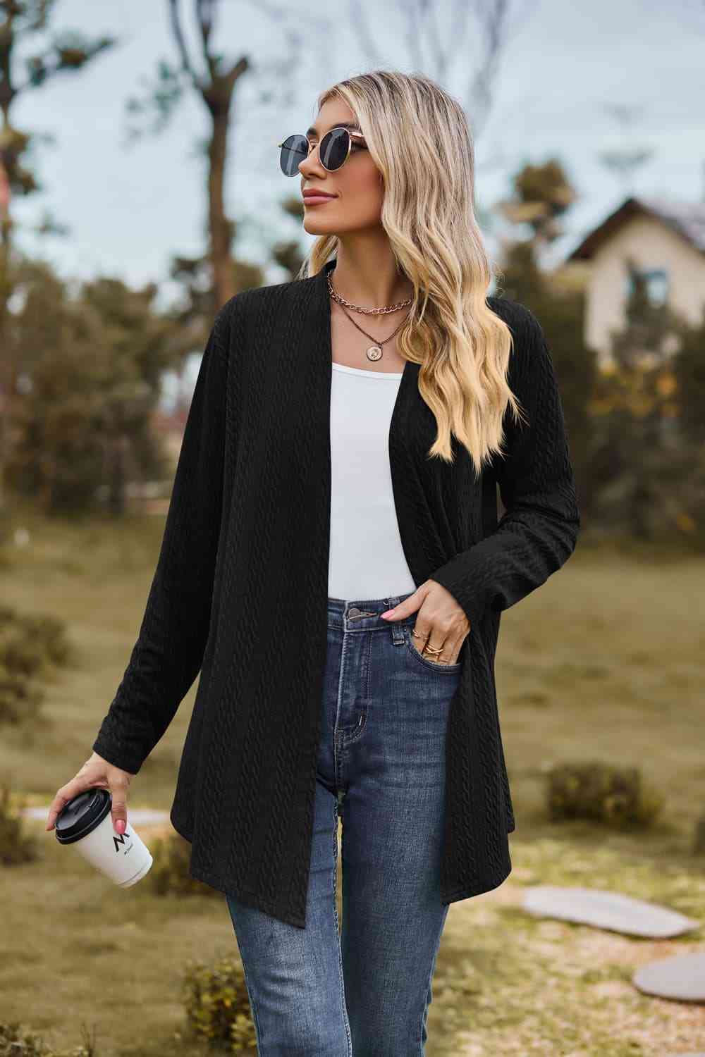 Open Front Long Sleeve Cardigan - Ladyez