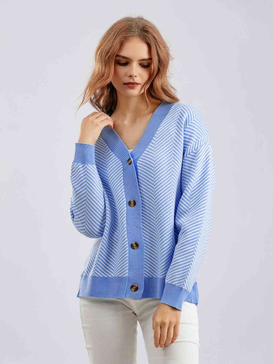 Button Down V-Neck Cardigan - Ladyez