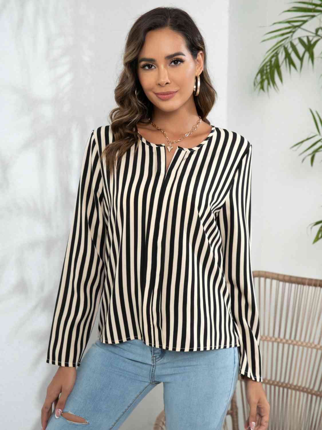 Striped Long Sleeve Notched Blouse - Ladyez