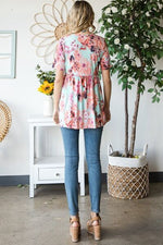 Heimish Full Size Floral V-Neck Short Sleeve Babydoll Blouse - Ladyez
