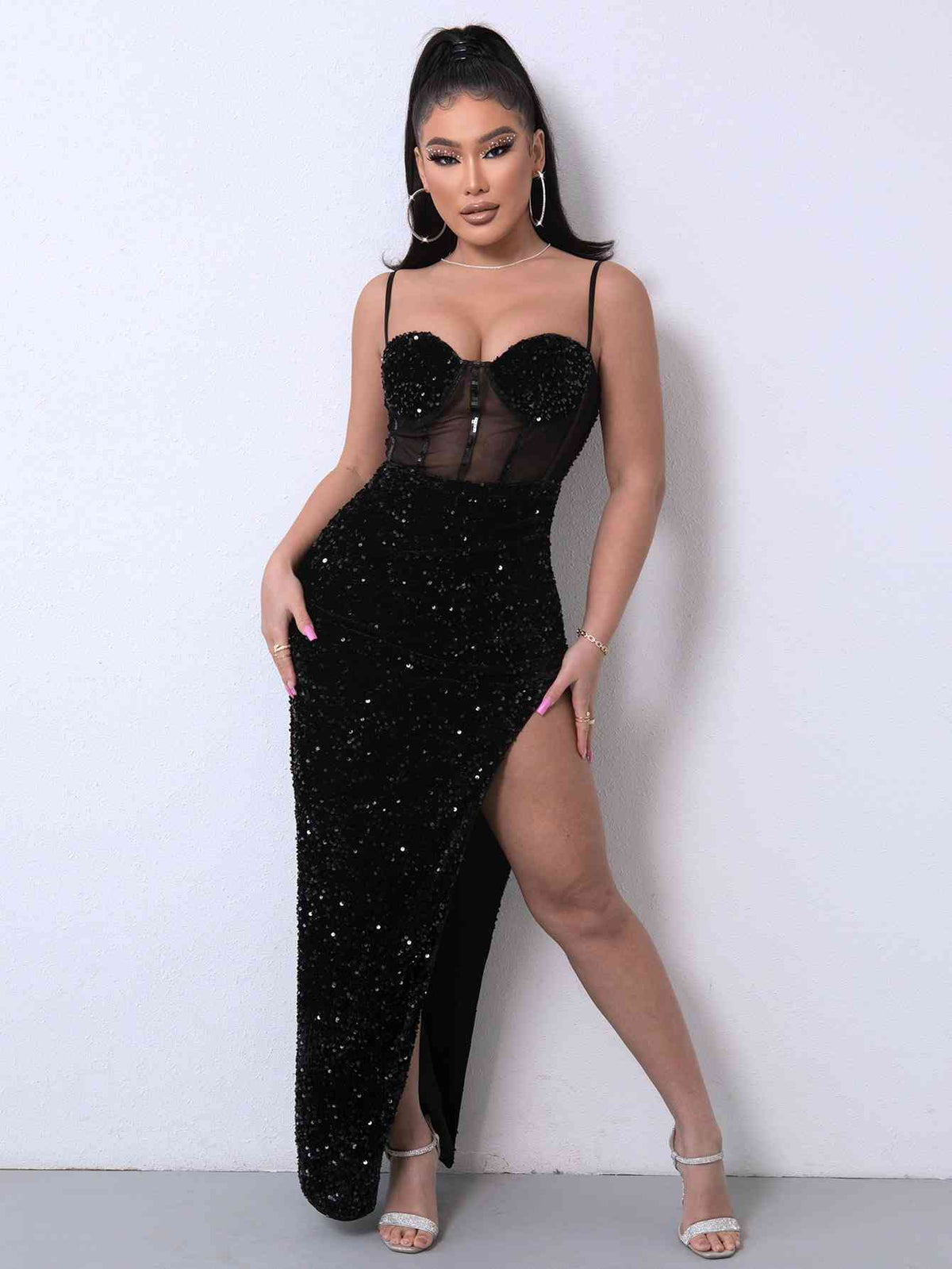 Sequin Spliced Mesh Adjustable Strap Dress - Ladyez