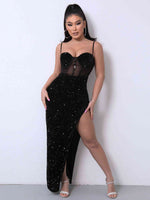 Sequin Spliced Mesh Adjustable Strap Dress - Ladyez