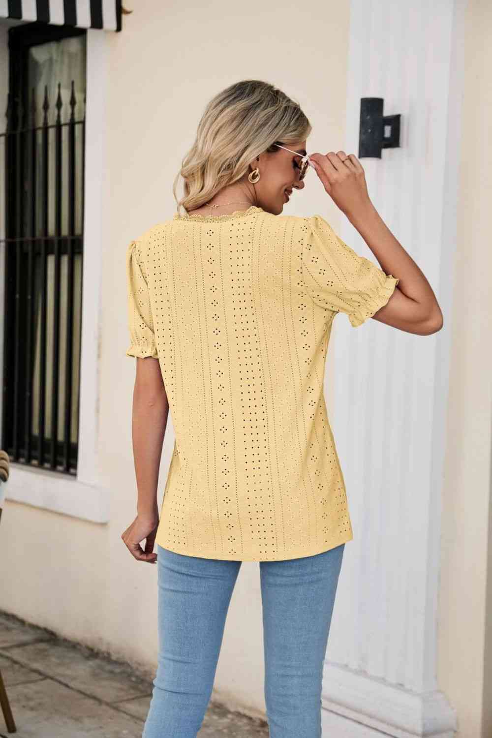 Eyelet Flounce Sleeve Scalloped V-Neck Top - Ladyez