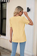 Eyelet Flounce Sleeve Scalloped V-Neck Top - Ladyez