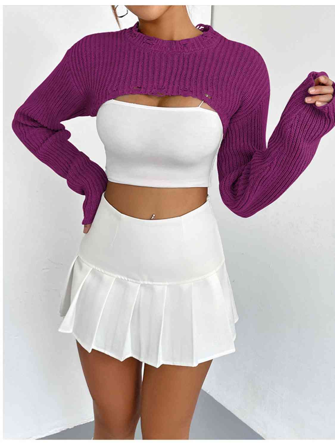 Distressed Long Sleeve Cropped Sweater - Ladyez